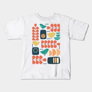 Retro Mid Century Modern Bird and Leaves in charcoal, teal, orange and yellow Kids T-Shirt